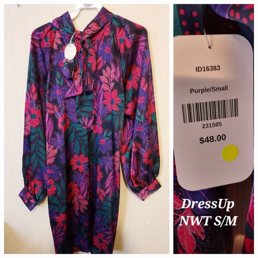 NWT DressUp Purple Pink & Teal Floral Tie-Neck Pussybow Dress Small Medium